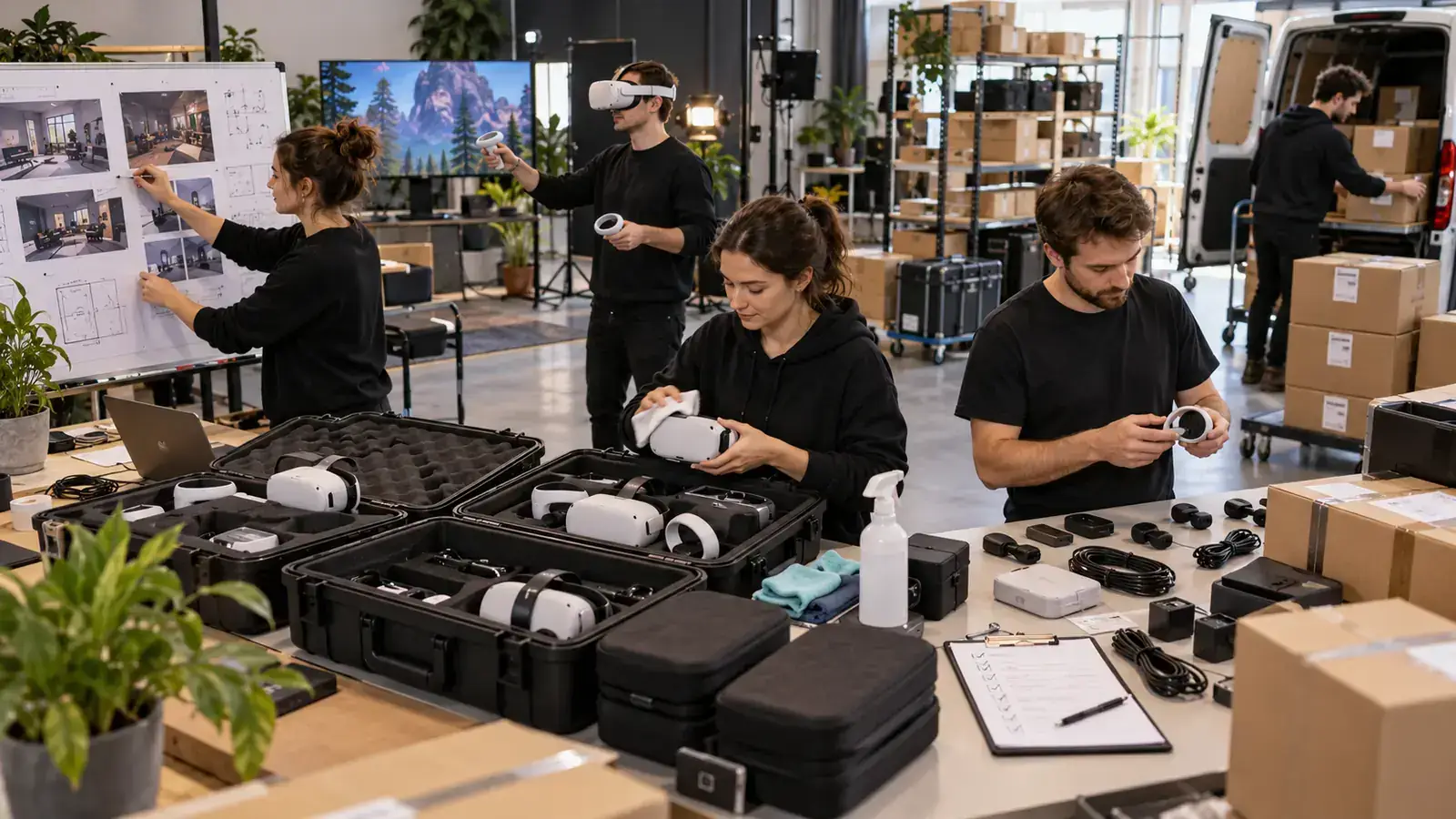 Valmorto Entwicklungs- und Serviceprozess Valmorto Prozessbild mit Planung, Test, Reinigung, Packen und Versandvorbereitung für VR-Sets