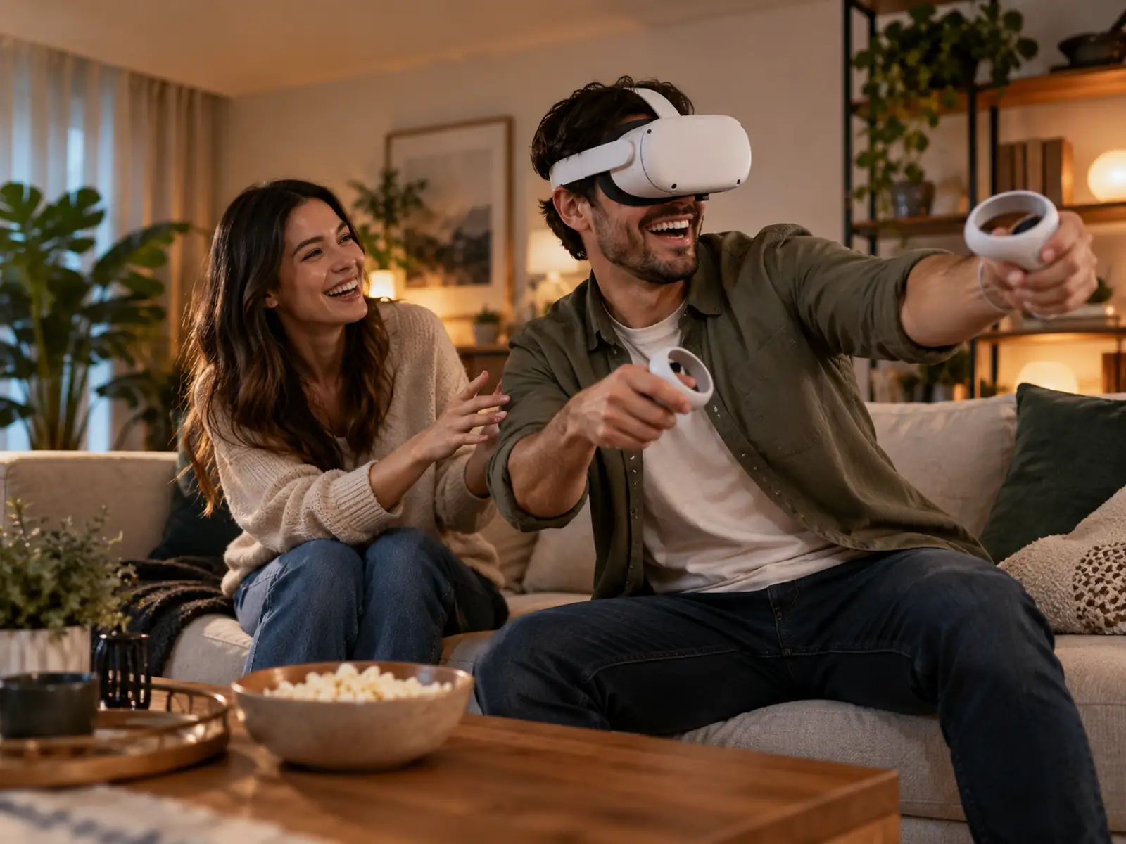 VR-Heimnutzung mit Valmorto Zwei Personen erleben gemeinsam VR in einer gemütlichen Wohnung