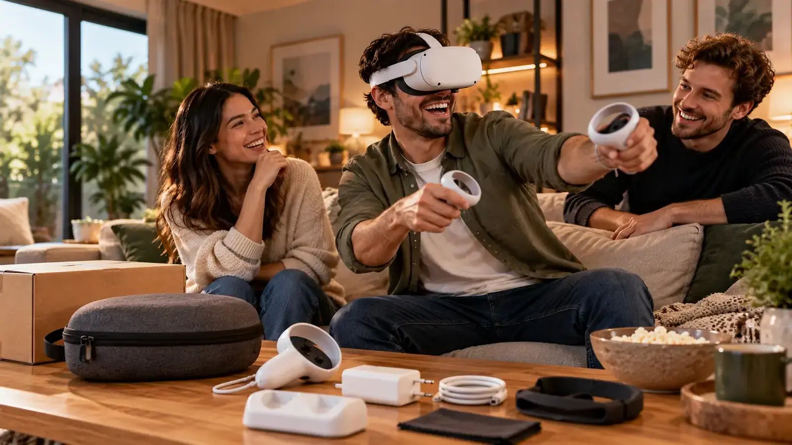 Menschen nutzen ein Valmorto VR-Set gemeinsam im Wohnzimmer