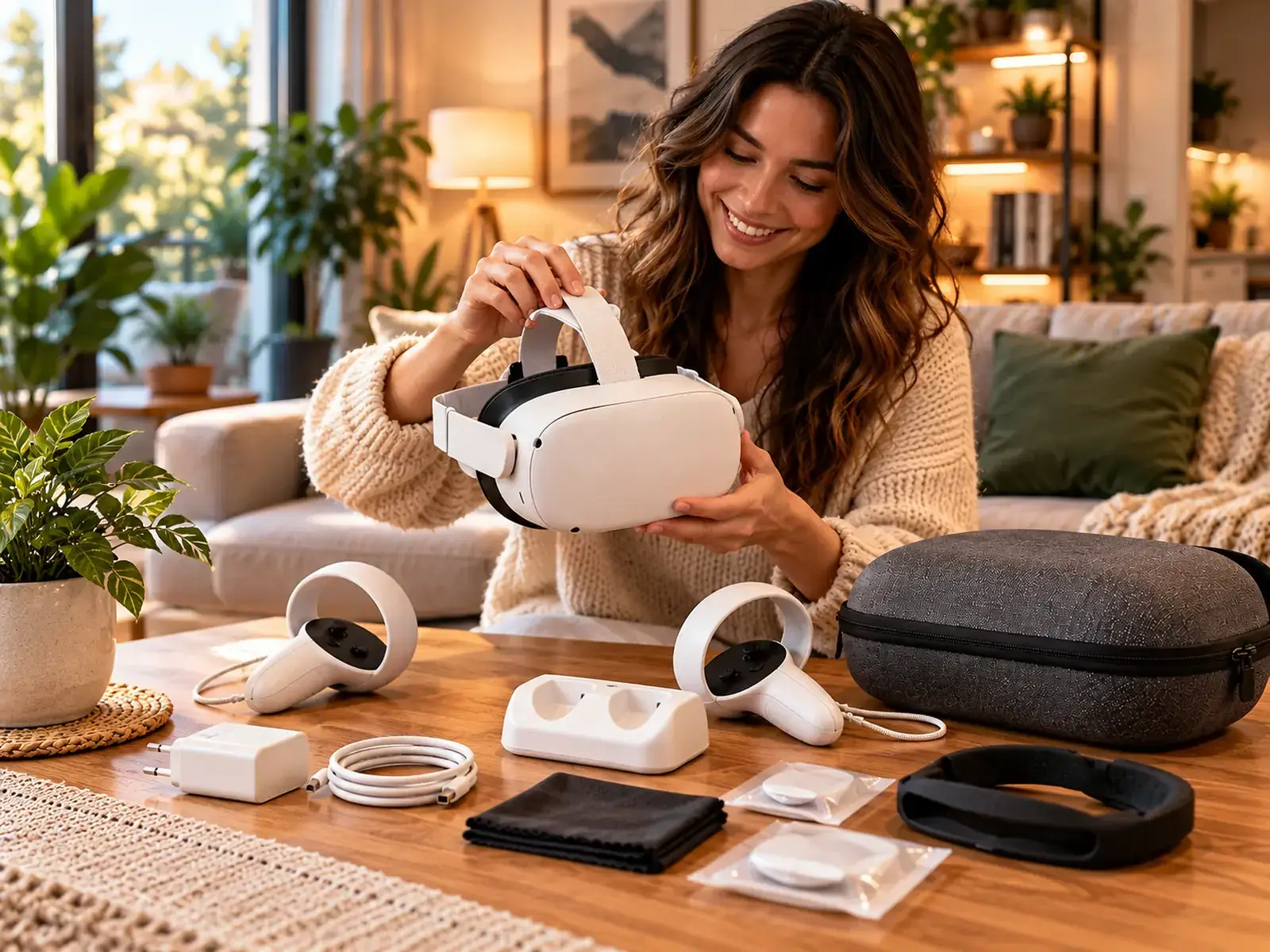 Person richtet ein VR-Headset und Zubehör sorgfältig auf einem Tisch ein