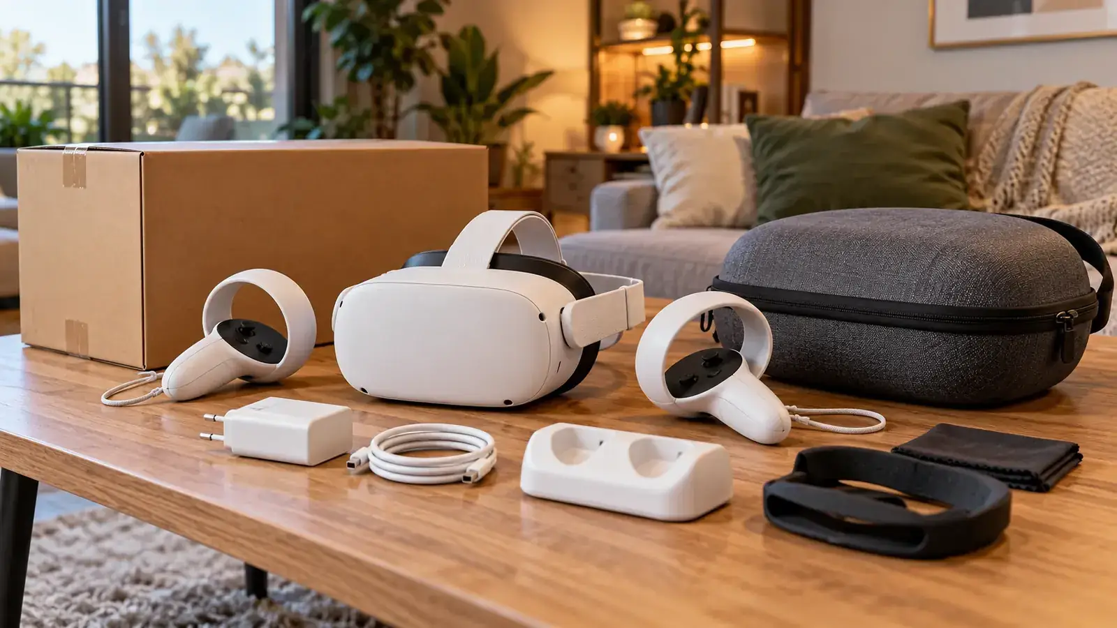 VR-Headset und Controller auf einem Holztisch im Wohnraum